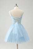 Cute Glitter A Line Beaded Corset Tulle Blue Homecoming Dress with Appliques