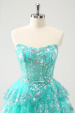 Cute Glitter Green A Line Strapless Sequined Tiered Corset Homecoming Dress