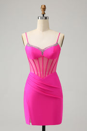 Glitter Fuchsia Beaded Tight Corset Short Homecoming Dress with Slit