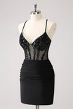 Sparkly Black Bodycon Spaghetti Corset Short Homecoming Dress with Lace Up Back