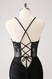 Sparkly Black Bodycon Spaghetti Corset Short Homecoming Dress with Lace Up Back