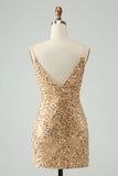 Sparkly Golden Bodycon Spaghetti Strap Short Homecoming Dress with Sequins