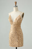 Sparkly Golden Bodycon Spaghetti Strap Short Homecoming Dress with Sequins