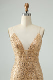 Sparkly Golden Bodycon Spaghetti Strap Short Homecoming Dress with Sequins