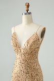 Sparkly Golden Bodycon Spaghetti Strap Short Homecoming Dress with Sequins