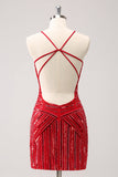 Sparkly Red Spaghetti Straps Sequin Short Tight Homecoming Dress