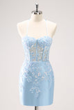 Blue Spaghetti Straps Corset Applique Tight Homecoming Dress with Sequins