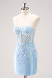 Blue Spaghetti Straps Corset Applique Tight Homecoming Dress with Sequins