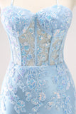 Blue Spaghetti Straps Corset Applique Tight Homecoming Dress with Sequins