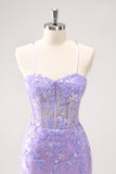 Blue Spaghetti Straps Corset Applique Tight Homecoming Dress with Sequins