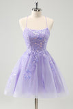 Cute Glitter Lilac A Line Sequins Short Lace Up Back Homecoming Dress with Appliques