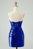 Sparkly Royal Blue Bodycon Strapless Hollow Out Homecoming Dress with Lace