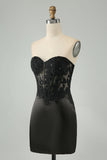 Sparkly Black Bodycon Sweetheart Corset Homecoming Dress with Appliques