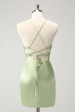 Glitter Green Spaghetti Straps Beaded Appliques Tight Corset Homecoming Dress