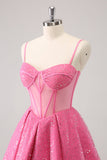 Pink A-Line Spaghetti Straps Corset Cocktail Dress with Sequins