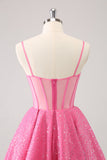 Pink A-Line Spaghetti Straps Corset Cocktail Dress with Sequins