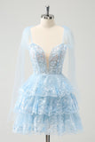 Glitter Blue A Line Embroidery Tiered Homecoming Dress with Appliques