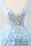 Glitter Blue A Line Embroidery Tiered Homecoming Dress with Appliques