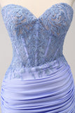 Lilac Strapless Corset Pleated Tight Homecoming Dress with Appliques