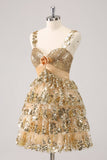 Golden A-Line Spaghetti Straps Sequined Homecoming Dress with Flower