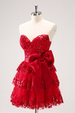 Sparkly Red A-Line Strapless Tiered Sequins Homecoming Dress with Bow