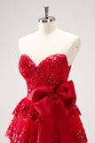 Sparkly Red A-Line Strapless Tiered Sequins Homecoming Dress with Bow