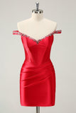 Glitter Red Beaded Off the Shoulder Satin Tight Homecoming Dress