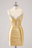 Golden Spaghetti Straps Bodycon Homecoming Dress with Sequins