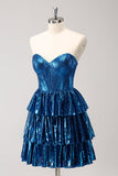 Peacock Blue A Line Strapless Corset Tiered Short Homecoming Dress