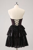 Sparkly Black Pink Sweetheart Tiered Homecoming Dress with Beading