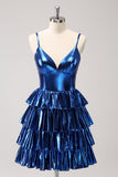 Ink Blue Spaghetti Straps A Line Tiered Short Homecoming Dress