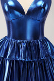 Ink Blue Spaghetti Straps A Line Tiered Short Homecoming Dress