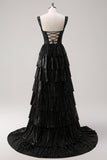 Sparkly Black Silver A Line Off The Shoulder Corset Tiered Prom Dress with Beading