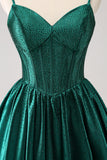 Dark Green A-Line Spaghetti Straps Corset Pleated Homecoming Dress