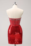 Sparkly Red Strapless Corset Sequined Beaded Tight Homecoming Dress with Slit