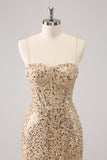 Sparkly Golden Spaghetti Straps Bodycon Homecoming Dress with Sequins