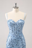 Sparkly Blue Tight Sequins Spaghetti Straps Homecoming Dress