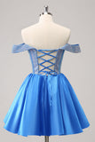 Sparkly Blue A Line Off the Shoulder Satin Ruffle Homecoming Dress with Beading