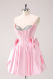 Pink A Line Strapless Corset Beaded Homecoming Dress with Bows