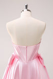 Pink A Line Strapless Corset Beaded Homecoming Dress with Bows