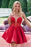 Red A Line Strapless Corset Short Ruffle Cute Homecoming Dress with Beading