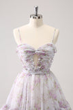 Lilac A-Line Floral Prints Ruffled Tiered Tulle Homecoming Dress