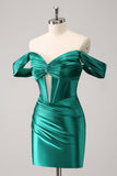 Dark Green Tight Off the Shoulder Corset Satin Homecoming Dress