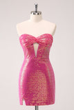 Fuchsia Hollow Out Strapless Sequins Tight Homecoming Dress with Slit