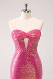 Fuchsia Hollow Out Strapless Sequins Tight Homecoming Dress with Slit