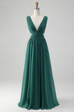 Dark Green A Line V Neck Chiffon Long Bridesmaid Dress with Lace Up Back