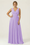 Dusty Blue Chiffon V Neck A Line Long Plus Size Bridesmaid Dress with Lace Up Back