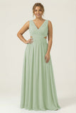 Dusty Blue Chiffon V Neck A Line Long Plus Size Bridesmaid Dress with Lace Up Back