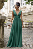 Dark Green A Line V Neck Chiffon Long Bridesmaid Dress with Lace Up Back