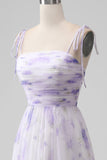 Lavender Flower Spaghetti Straps A Line Long Bridesmaid Dress with Slit